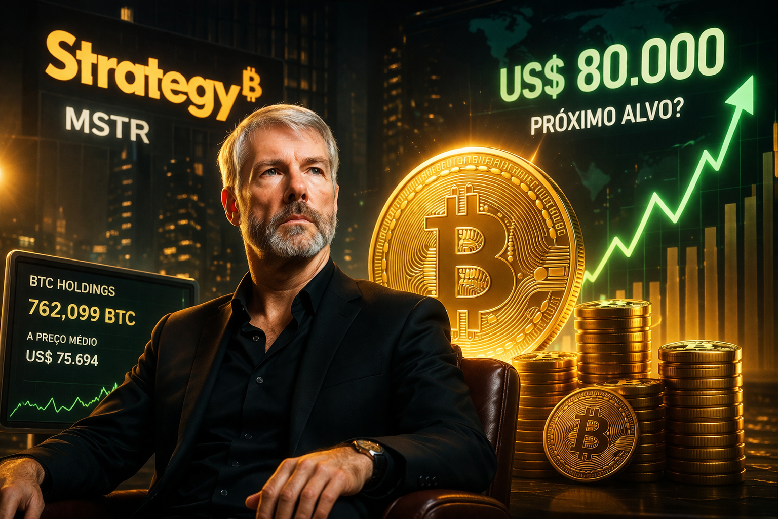 Strategy de Bitcoin: MSTR pode impulsionar nova alta - Fonte: IA (ChatGPT / DALL·E) – imagem ilustrativa.